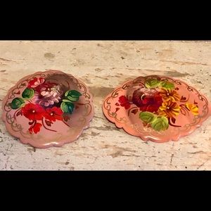 Pair of hand painted wood vintage Russian brooches